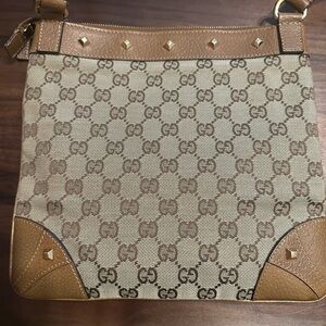 Authentic Gucci Beige Canvas GG Crossbody with Brown Trim and Gold Studs